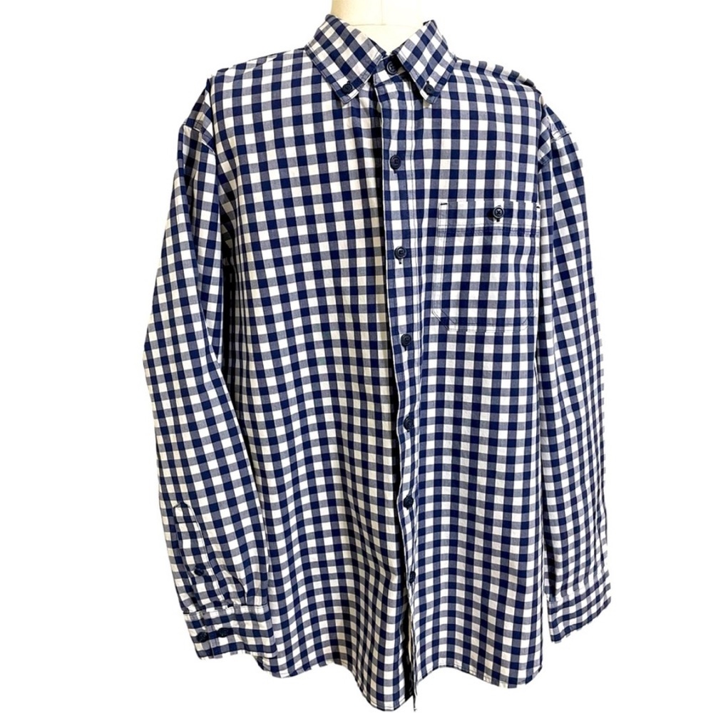 Mens BLUE MOUNTAIN Navy Blue White Gingham Plaid Check Button Down Shirt Large